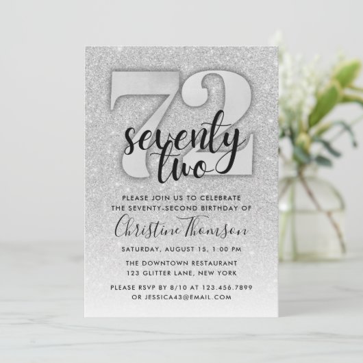 Silver Glitter 72nd Birthday Invitation Kaart (Staand voorkant)