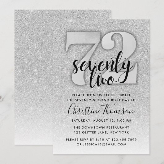 Silver Glitter 72nd Birthday Invitation Kaart (Voorkant / Achterkant)
