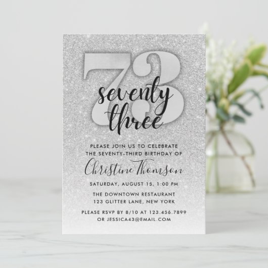 Silver Glitter 73rd Birthday Invitation Kaart (Staand voorkant)