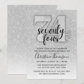Silver Glitter 74th Birthday Invitation Kaart (Voorkant / Achterkant)