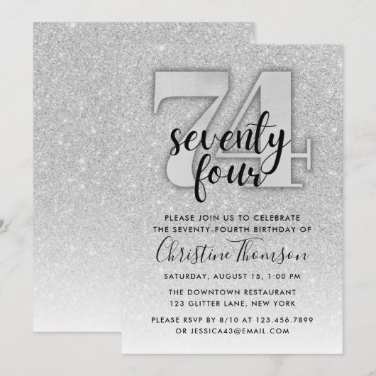 Silver Glitter 74th Birthday Invitation Kaart (Voorkant / Achterkant)