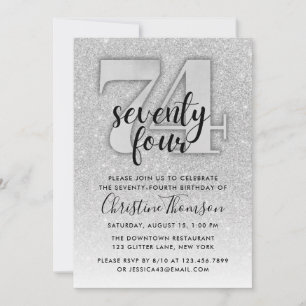 Silver Glitter 74th Birthday Invitation Kaart