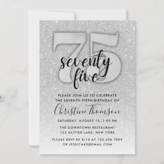 Silver Glitter 75th Birthday Invitation Kaart (Voorkant)