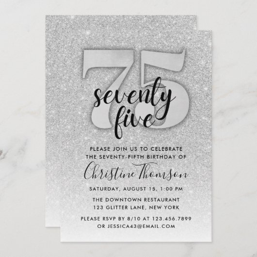 Silver Glitter 75th Birthday Invitation Kaart (Voorkant / Achterkant)
