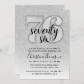 Silver Glitter 76th Birthday Invitation Kaart (Voorkant / Achterkant)