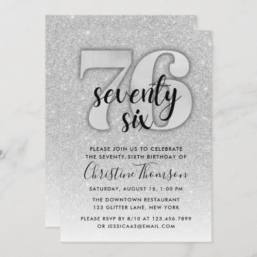 Silver Glitter 76th Birthday Invitation Kaart (Voorkant / Achterkant)