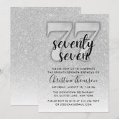 Silver Glitter 77th Birthday Invitation Kaart (Voorkant / Achterkant)