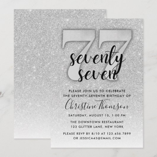 Silver Glitter 77th Birthday Invitation Kaart (Voorkant / Achterkant)