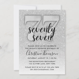 Silver Glitter 77th Birthday Invitation Kaart