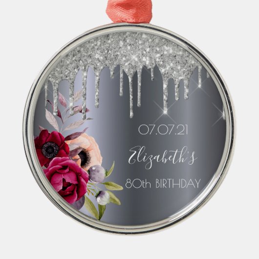 Silver glitter, 80ste verjaardag, druppelt floral  metalen ornament (Voorkant)