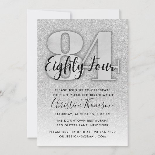 Silver Glitter 84th Birthday Invitation Kaart (Voorkant)