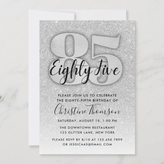Silver Glitter 85th Birthday Invitation Kaart (Voorkant)