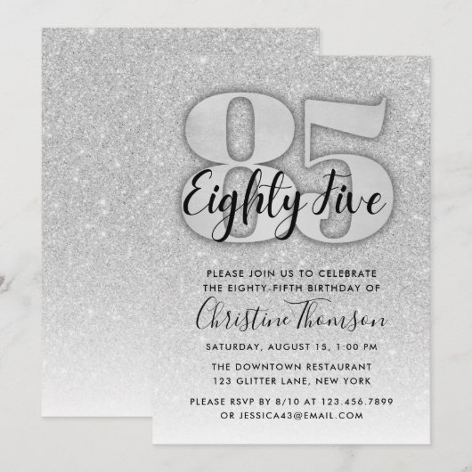 Silver Glitter 85th Birthday Invitation Kaart (Voorkant / Achterkant)