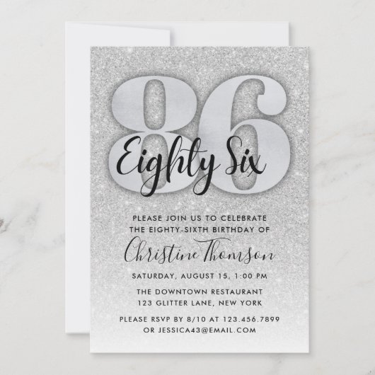 Silver Glitter 86th Birthday Invitation Kaart (Voorkant)