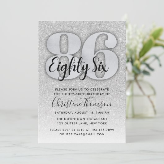 Silver Glitter 86th Birthday Invitation Kaart (Staand voorkant)