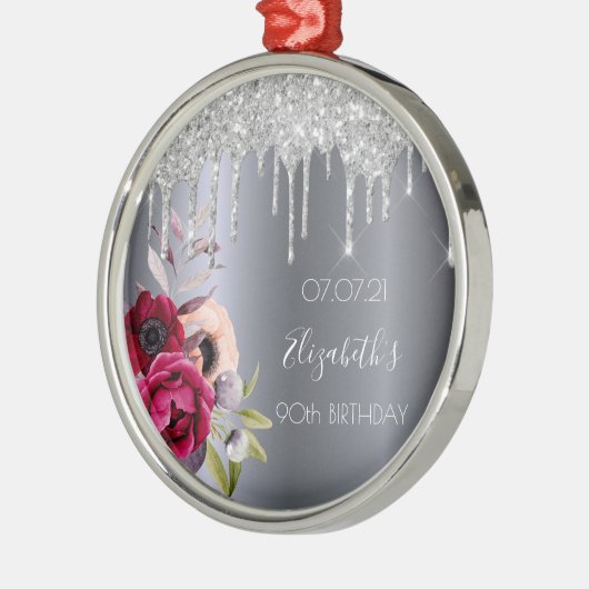 Silver glitter, 90ste verjaardag, druppelt floral  metalen ornament (Links)