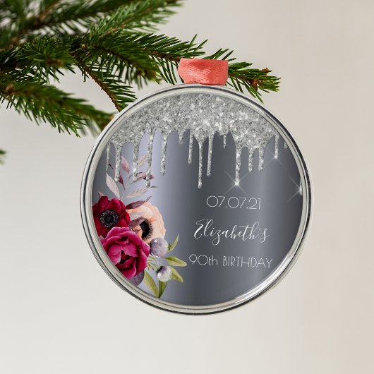 Silver glitter, 90ste verjaardag, druppelt floral  metalen ornament