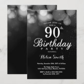Silver Glitter 90th Birthday Invitation Card Kaart (Voorkant / Achterkant)
