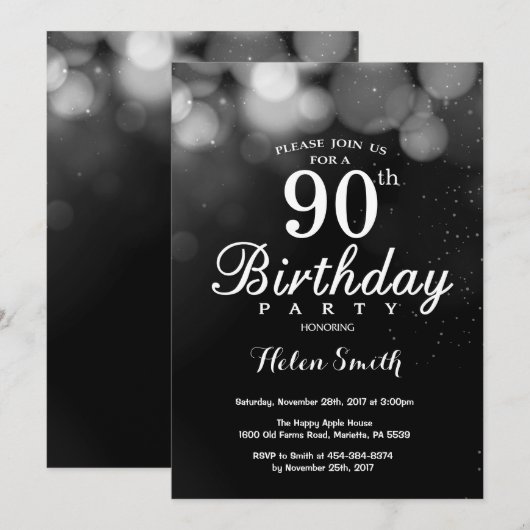 Silver Glitter 90th Birthday Invitation Card Kaart (Voorkant / Achterkant)