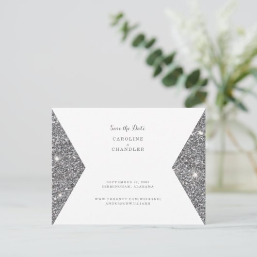 Silver Glitter Afbeelding Weddenschap Save the Dat Briefkaart (Staand voorkant)
