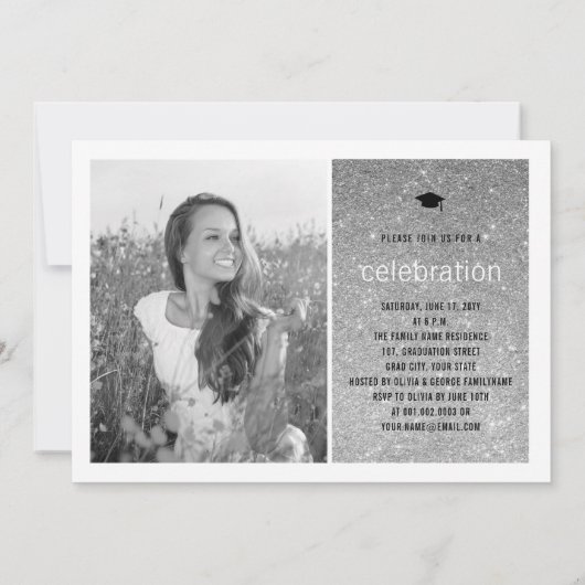 Silver Glitter Afstuderen Eenvoudige GraduPartij Kaart (Achterkant)