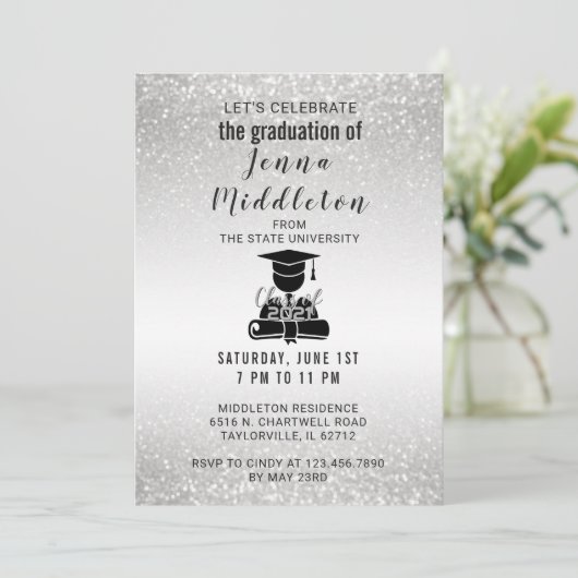 Silver Glitter Afstuderen Kaart (Staand voorkant)