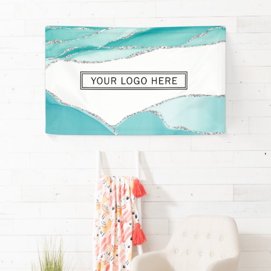 Silver Glitter Agate Blauwgroen Mint Waterverf Log Spandoek (Insitu)