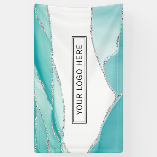 Silver Glitter Agate Blauwgroen Mint Waterverf Log Spandoek (Verticaal)