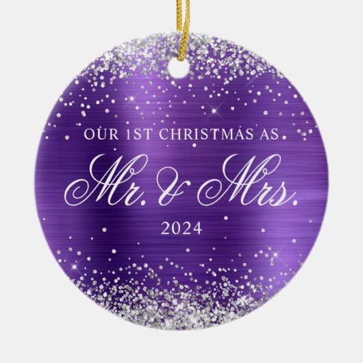 Silver Glitter Amethyst Folie 1e kerstfoto Keramisch Ornament (Voorkant)