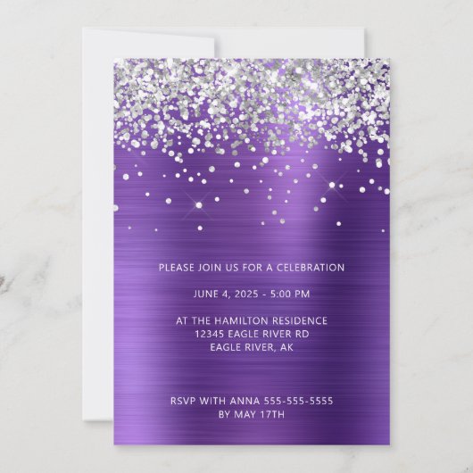 Silver Glitter Amethyst Folie Foto Afstuderen Aankondiging (Achterkant)