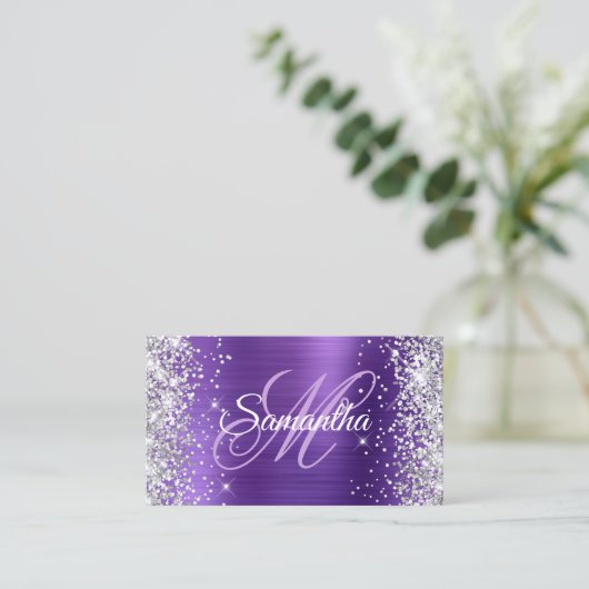 Silver Glitter Amethyst Folie Paars Monogram Visitekaartje (Staand voorkant)