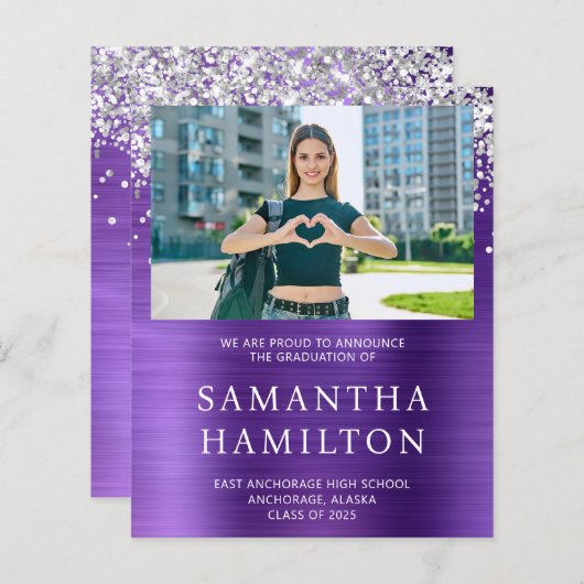 Silver Glitter Amethyst Foto Afstuderen Uitnodigen (Voorkant / Achterkant)