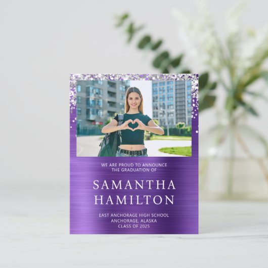 Silver Glitter Amethyst Foto Afstuderen Uitnodigen (Staand voorkant)