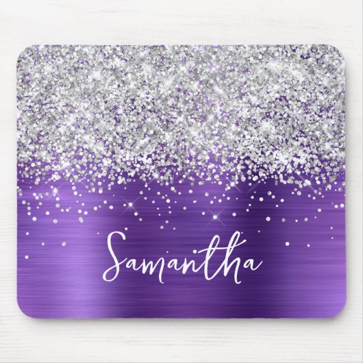 Silver Glitter Amethyst Glam Name Muismat (Voorkant)