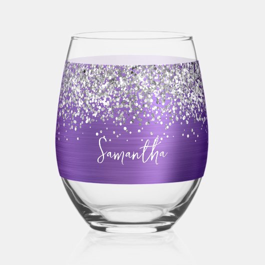 Silver Glitter Amethyst Glam Name Wijnglas Zonder Voet (Voorkant)