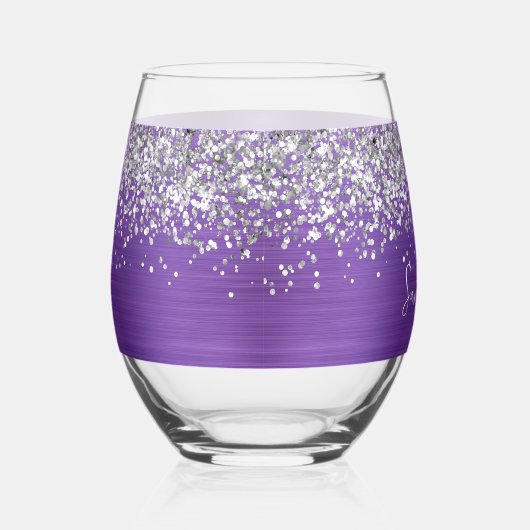 Silver Glitter Amethyst Glam Name Wijnglas Zonder Voet (Rechts)