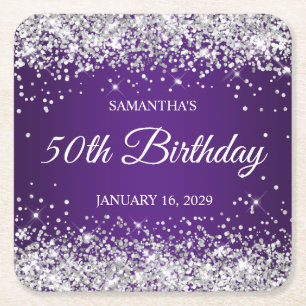 Silver Glitter and Royal Purple 50th Birthday Kartonnen Onderzetters