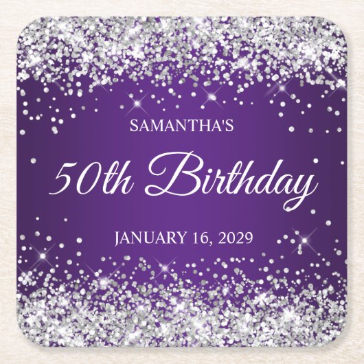 Silver Glitter and Royal Purple 50th Birthday Kartonnen Onderzetters (Voorkant)