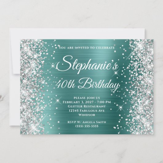 Silver Glitter Aqua Blauwgroen Monogram 40e verjaa Kaart (Voorkant)