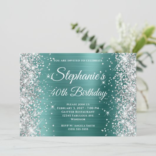 Silver Glitter Aqua Blauwgroen Monogram 40e verjaa Kaart (Staand voorkant)
