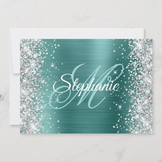 Silver Glitter Aqua Blauwgroen Monogram 40e verjaa Kaart (Achterkant)