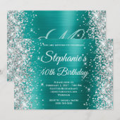 Silver Glitter Aqua Blauwgroen Monogram 40e verjaa Kaart (Voorkant / Achterkant)