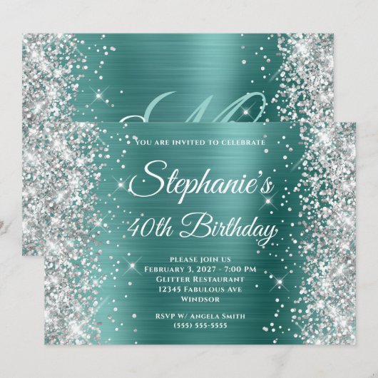 Silver Glitter Aqua Blauwgroen Monogram 40e verjaa Kaart (Voorkant / Achterkant)