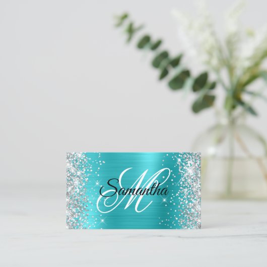 Silver Glitter Aqua Blue Folie Monogram QR-code Visitekaartje (Staand voorkant)