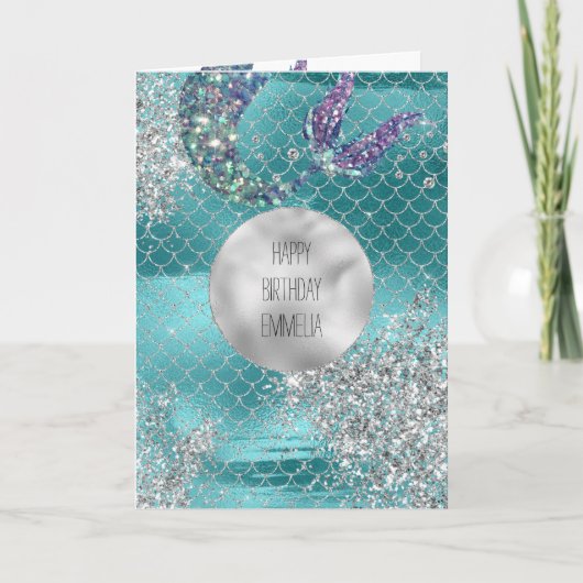 Silver Glitter Aqua Mermaid Kaart (Voorkant)