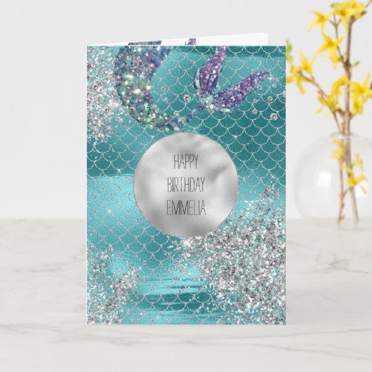 Silver Glitter Aqua Mermaid Kaart (Gele Bloem)