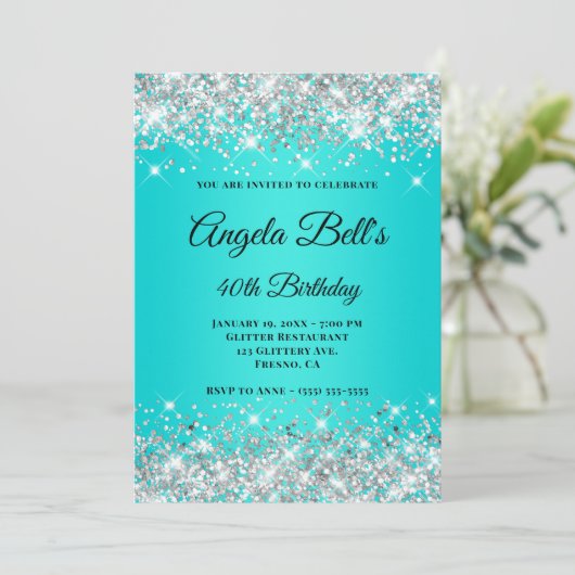 Silver Glitter Aqua Turquoise Ombre Fancy Monogram Kaart (Staand voorkant)