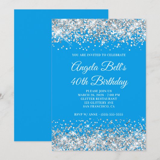 Silver Glitter Azure 40th Birthday Kaart (Voorkant / Achterkant)