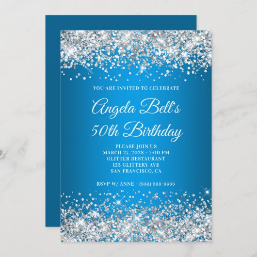 Silver Glitter Azure Gradient 50th Birthday Kaart (Voorkant / Achterkant)