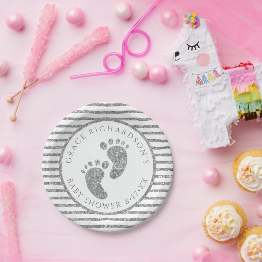 Silver Glitter Baby Feet Baby shower Gepersonalise Papieren Bordje (Feest)